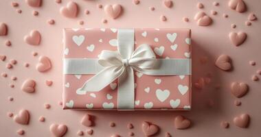 Gift box wrapped in pink paper with heart pattern and white ribbon on a pink background photo