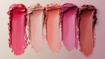 Various shades of lip color displayed on a smooth surface for beauty and cosmetics analysis photo