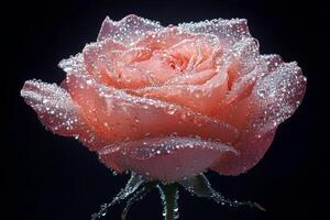 Beautiful pink rose with dew drops glistening in the light against a black background photo