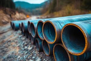 Rusty metal pipes lie on a dirt path surrounded by autumn foliage in a forested area photo