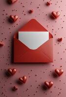 Romantic red envelope with love letter surrounded by heart shapes on a pink background photo