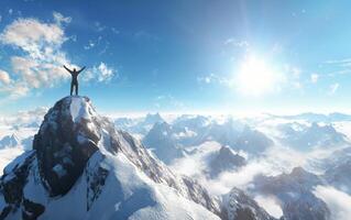 Reaching the summit with triumph at a snowy mountain peak under a clear blue sky photo