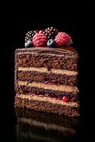 Chocolate cake slice with berries and mint against dark background photo
