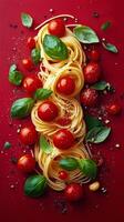 Colorful spaghetti and tomatoes with fresh basil placed stylishly on a black background photo