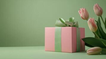 Gift box with green ribbon and yellow tulips on soft green background photo