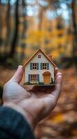 Small model house held in hands, symbolizing dreams of home ownership and comfort photo