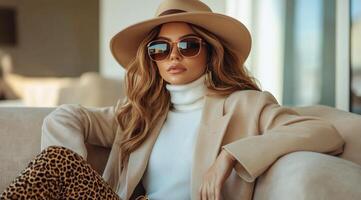 Stylish woman relaxing indoors wearing sunglasses and a fashionable outfit with a modern background photo