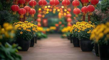 Charming pathway lined with yellow flowers and red lanterns in a serene garden during morning mist photo
