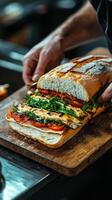 Freshly prepared sandwich stacked with vegetables and grilled chicken on a wooden cutting board photo