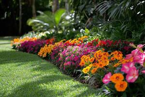 Colorful floral arrangement showcasing a variety of flowers in a lush garden setting photo