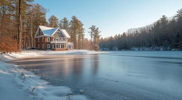Beautiful winter landscape with a cozy house by a frozen lake surrounded by trees photo