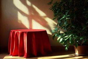 Brightly lit table draped in red cloth surrounded by green plants in a modern interior space photo