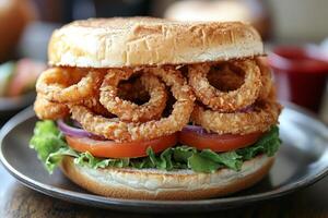 Crispy onion ring sandwich served with lettuce and tomato in a dining setting photo