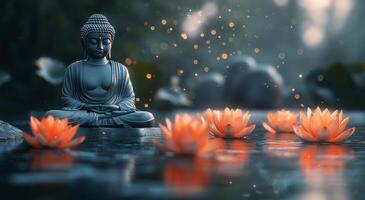 Buddha statue surrounded by glowing lotus flowers in tranquil water setting at dawn photo
