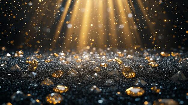 Sparkling gems reflect light in a glamorous setting filled with shimmering particles photo