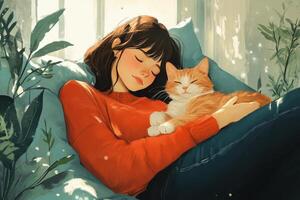Warm embrace between woman and orange cat on a cozy afternoon photo