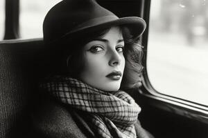 Young woman with hat and scarf gazing out of a bus window on a winter day photo