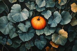 Vibrant pumpkin nestled among rich green leaves in an autumn garden setting photo