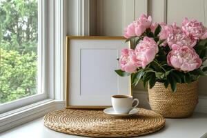 Elegant floral arrangement and coffee cup on a sunny windowsill with a blank frame photo