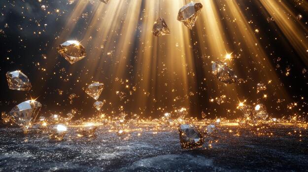 Sparkling gems reflect light in a glamorous setting filled with shimmering particles photo