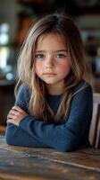 Young girl with long hair sitting at a wooden table in a cozy indoor setting photo