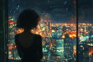 Woman gazing through a rain-soaked window at a vibrant city skyline in the evening photo