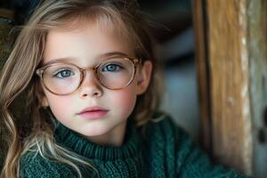 Cute girl in green sweater with glasses showing a charming smile indoors at a cozy location photo