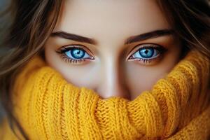 Beautiful girl with striking blue eyes wrapped in a cozy yellow sweater during winter photo