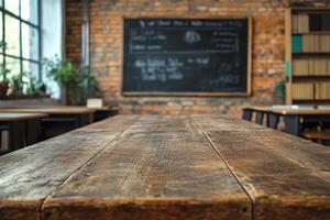 Rustic wooden table in a cozy classroom with chalkboard and bookshelves photo