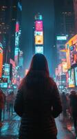 Winter night in Times Square with a person admiring the vibrant lights and snowfall photo
