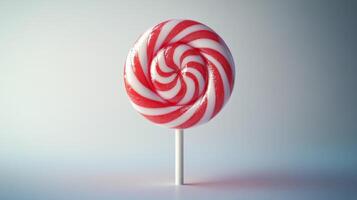 Bright red and white striped lollipop on a stick with blurred candy background photo