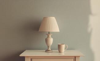 Elegant lamp and white mug on a wooden table against a soft gray wall photo
