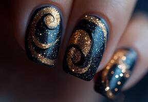 Elegant black and gold glitter nail art design with swirling patterns photo