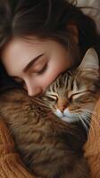 Cozy moment between a woman and her relaxed cat in a serene setting photo