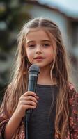 Young girl singing with microphone during an outdoor event in a vibrant setting photo