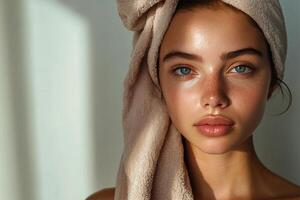 Woman with towel wrapped hair poses with natural beauty in soft lighting photo