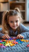 Young child enjoys assembling colorful puzzle pieces on the living room floor during daylight hours photo