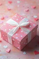 Gift box adorned with hearts surrounded by sparkly confetti on a soft pink background photo