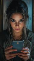 Young woman intensely focused on her smartphone while sitting in a dimly lit room photo
