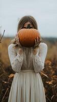 Woman holding a pumpkin in an autumn field with golden foliage photo
