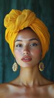 Woman wearing a yellow turban and wooden earrings with a soft expression against a dark background photo