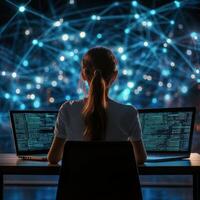 Professional woman coding at night with glowing data network in background photo