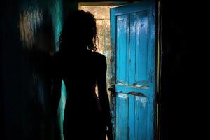 Silhouette of a woman entering a warmly lit doorway in a quiet alleyway at night photo