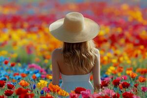 Woman in a wide-brimmed hat enjoys a colorful flower field in springtime photo