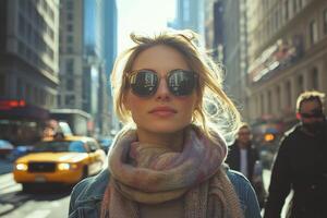 Young woman in sunglasses and scarf enjoys city life during a busy afternoon photo