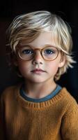 Young boy with glasses gazes thoughtfully while wearing cozy sweater indoors photo