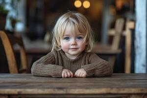 Child with curious expression sitting at wooden table in a cozy cafe photo