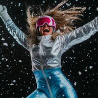 Excitement during a snowstorm at a ski resort with joyful skier in colorful winter gear photo