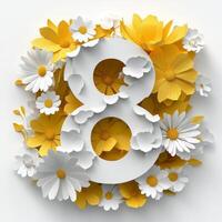 Floral arrangement featuring white and yellow flowers around a number eight on bright background photo