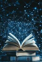 Open book with glowing connections representing knowledge and technology in a digital landscape photo